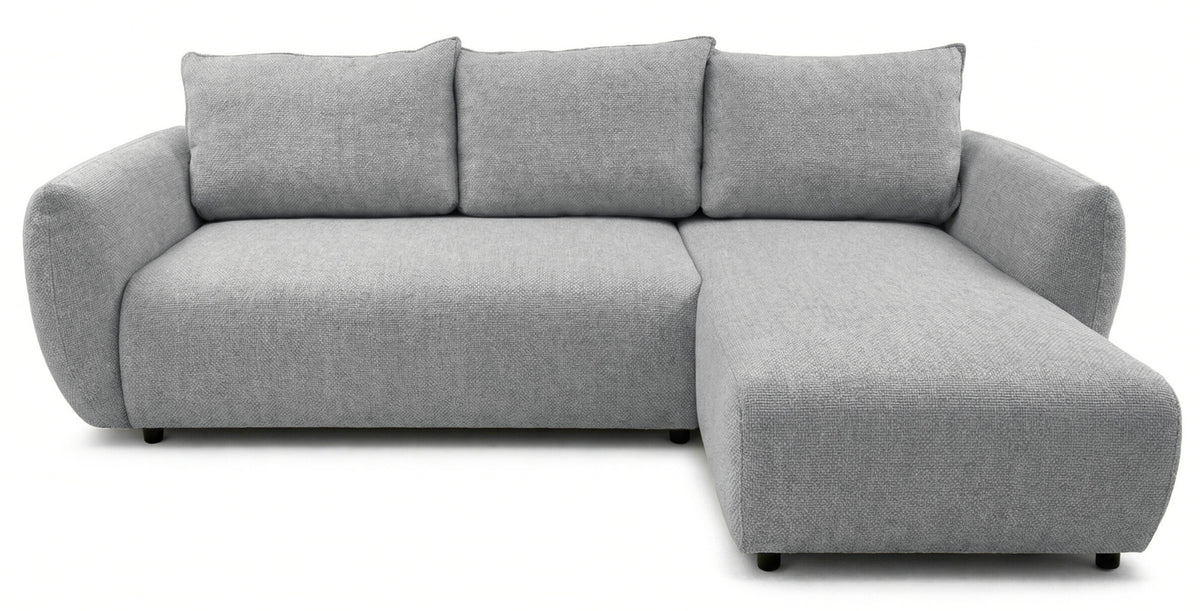Canapé d'angle droit Zordo avec fonction couchage et deux coffres, tissu chenille gris