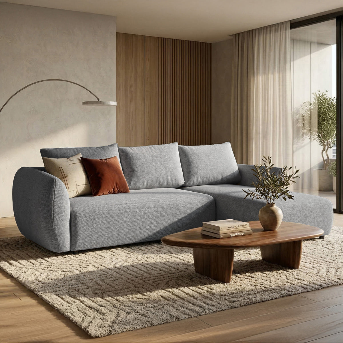 Canapé d'angle droit Zordo avec fonction couchage et deux coffres, tissu chenille gris