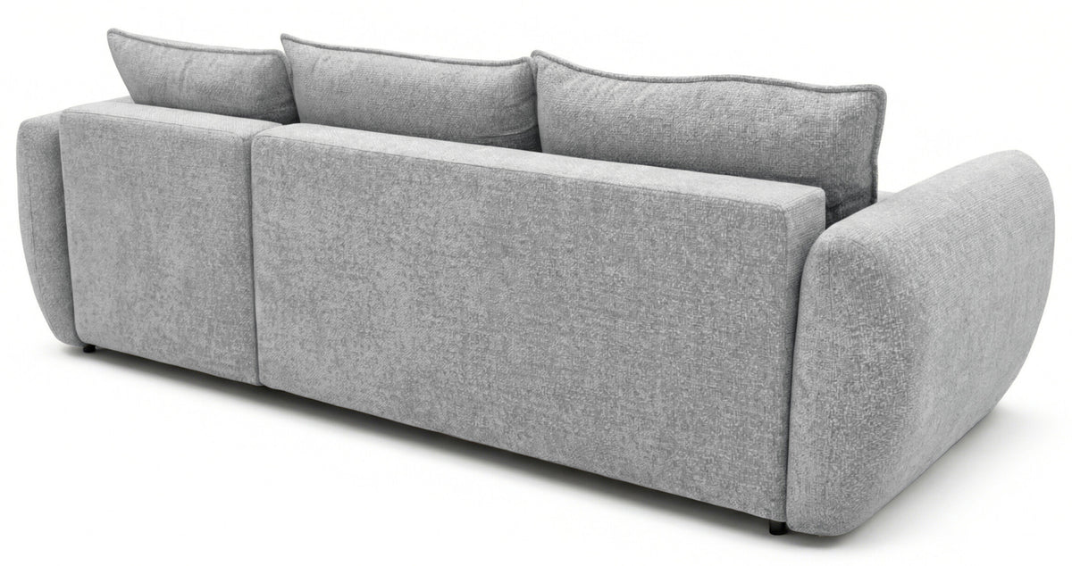 Ecksofa mit Schlafunktion Zordo, L-förmig, rechtsseitig, mit zwei Stauraumfächern, grauer Chenille-Stoff