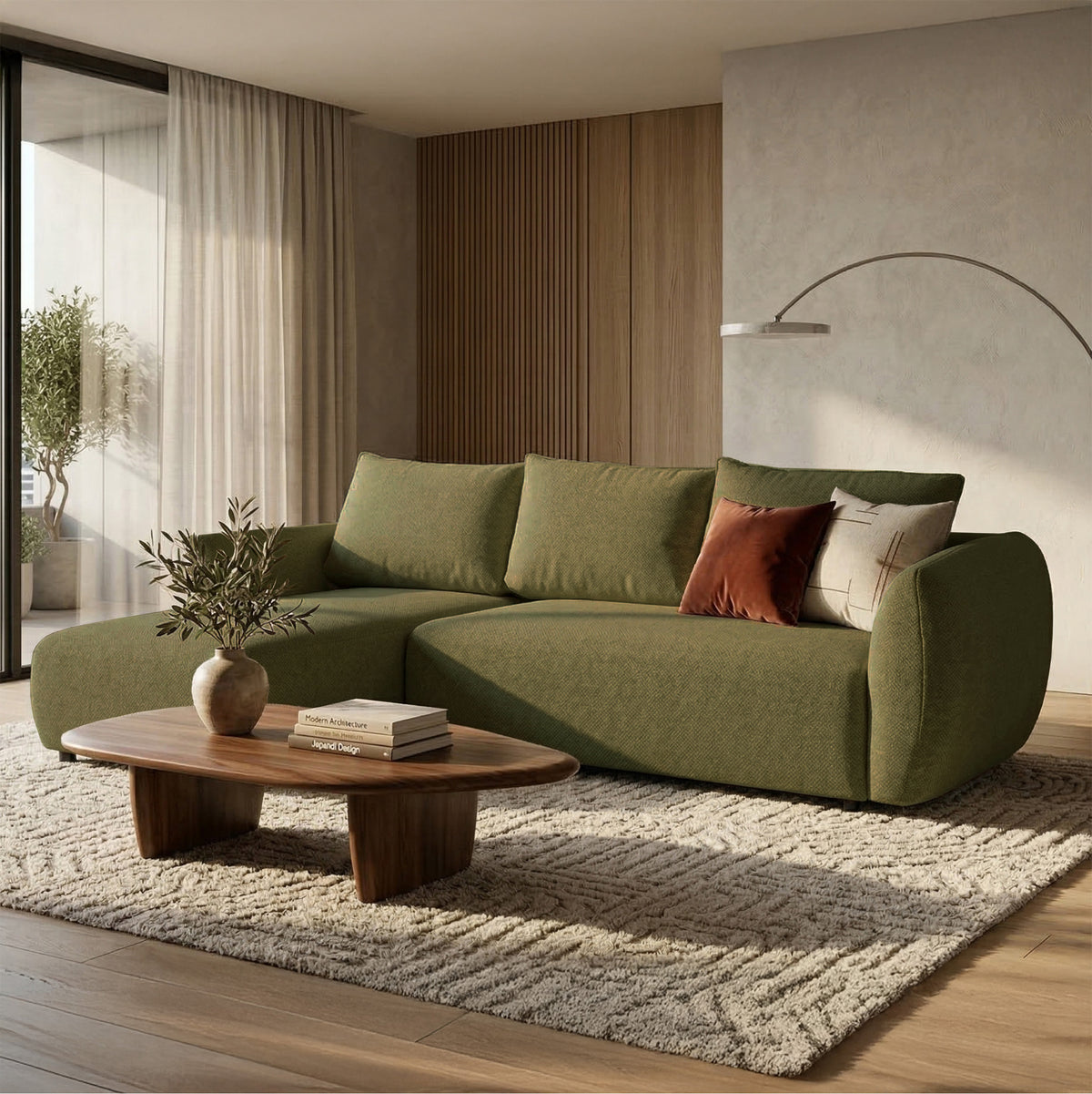 Canapé d'angle Zordo L-shape gauche avec deux coffres, velours chenille olive