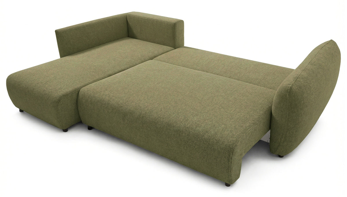 Canapé d'angle Zordo L-shape gauche avec deux coffres, velours chenille olive
