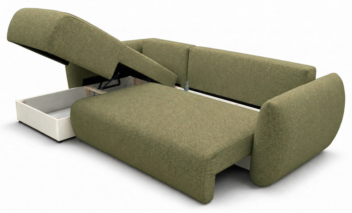 Canapé d'angle Zordo L-shape gauche avec deux coffres, velours chenille olive
