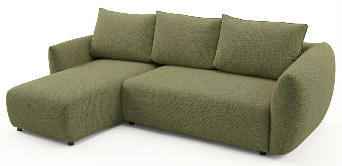 Canapé d'angle Zordo L-shape gauche avec deux coffres, velours chenille olive