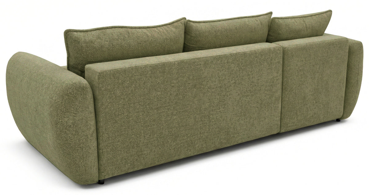 Canapé d'angle Zordo L-shape gauche avec deux coffres, velours chenille olive