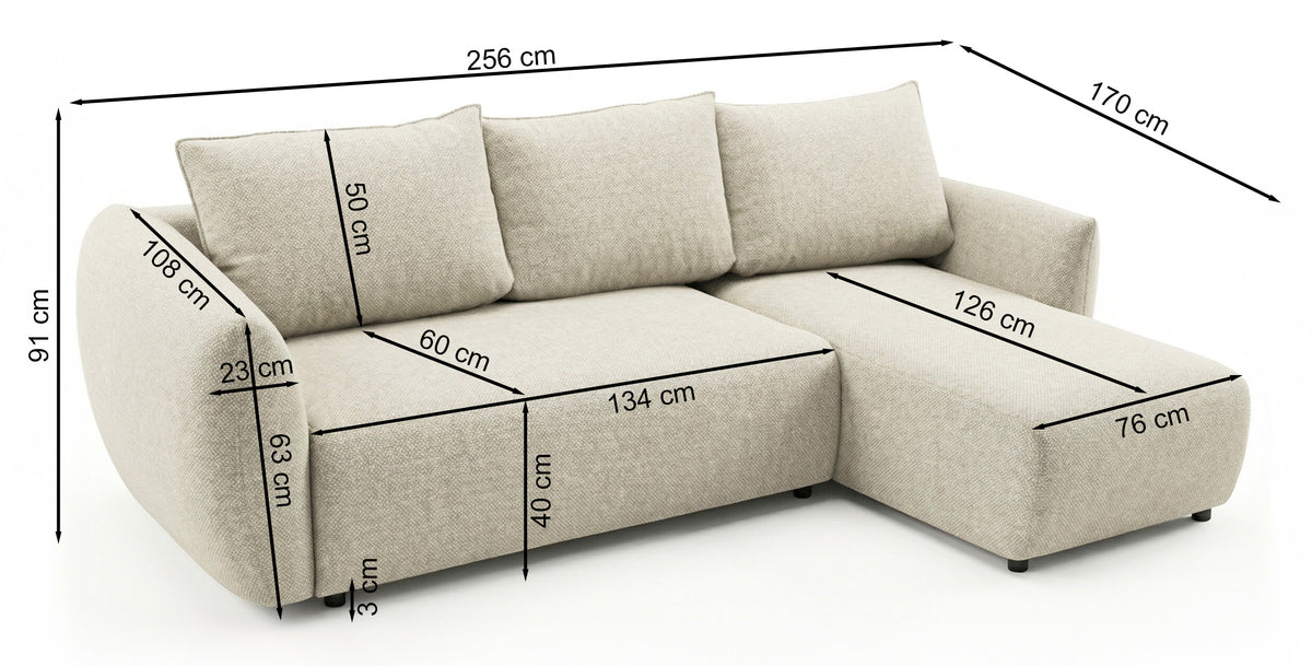 Canapé d'angle droit Zordo avec fonction couchage, deux coffres, tissu chenille marron clair