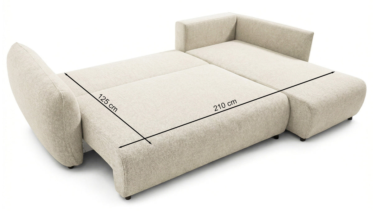 Canapé d'angle droit Zordo avec fonction couchage, deux coffres, tissu chenille marron clair