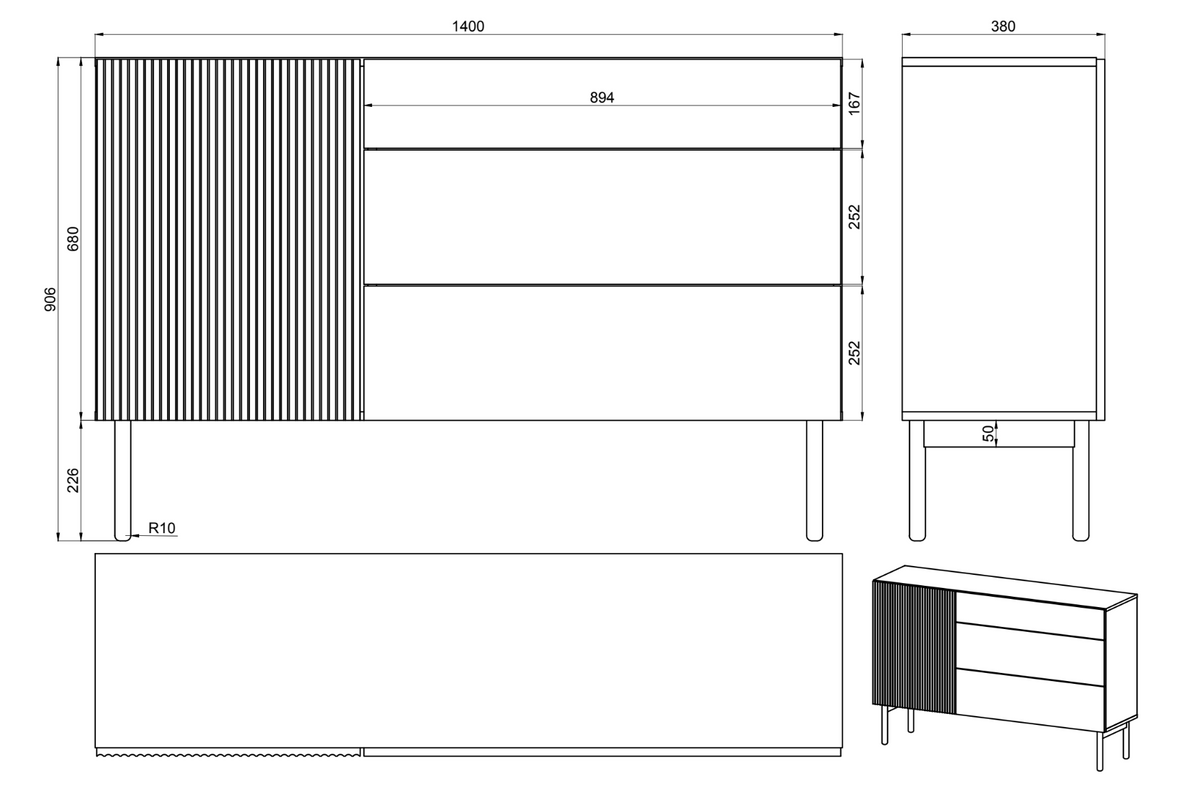 Commode 1 porte Nolie avec 3 tiroirs 140 cm Chêne huilé