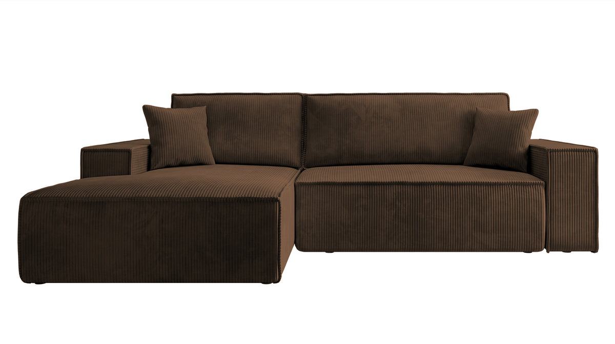 Canapé d'angle avec fonction couchage Farese New en L, avec rangement, velours côtelé marron, côté gauche
