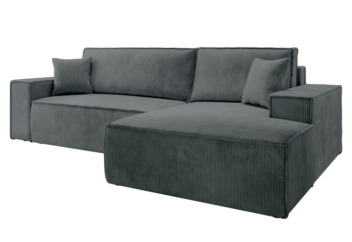 Canapé d'angle avec fonction couchage Farese New en velours côtelé gris, côté droit, avec coffre de rangement