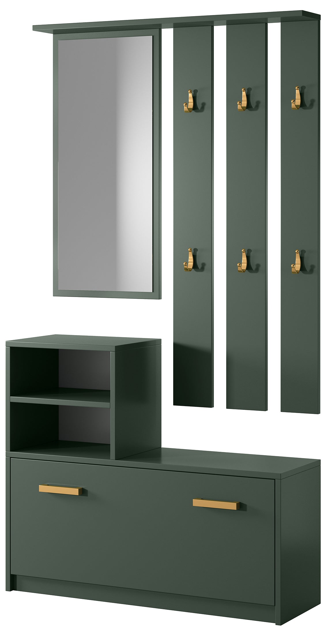 Ensemble d'entrée Yesfir vert bouteille avec miroir, patères, étagères et meuble à chaussures