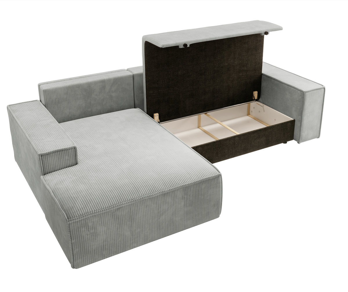 Canapé d'angle avec fonction couchage Farese New en L, avec rangement, velours côtelé gris clair, côté gauche