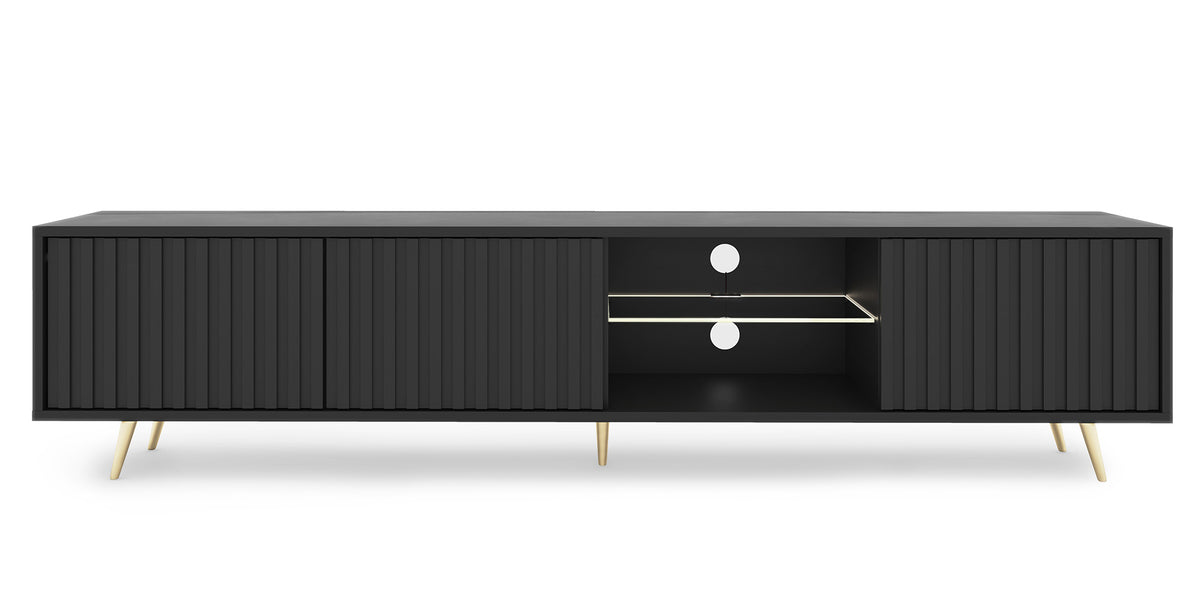 Meuble TV Bello avec façades à lamelles 175 cm noir avec LED et pieds dorés