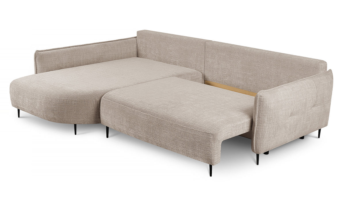 Canapé d'angle Oblivio avec fonction couchage, forme en L, rangement, tissu chenille beige clair, côté gauche