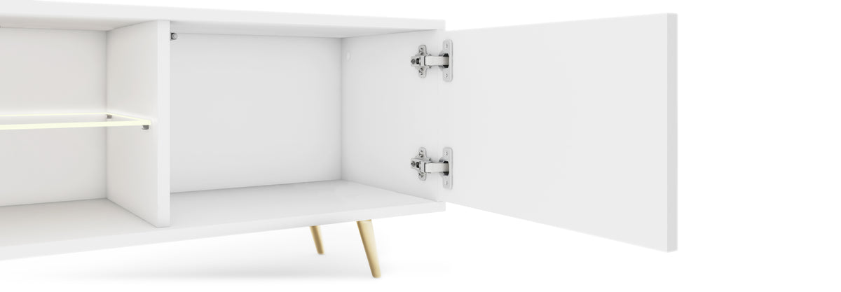 Meuble TV Bello avec façades à lamelles 175 cm blanc avec LED et pieds dorés