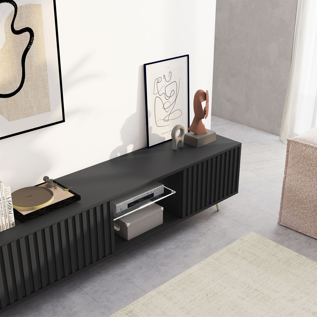 Meuble TV Bello avec façades à lamelles 175 cm noir avec LED et pieds dorés