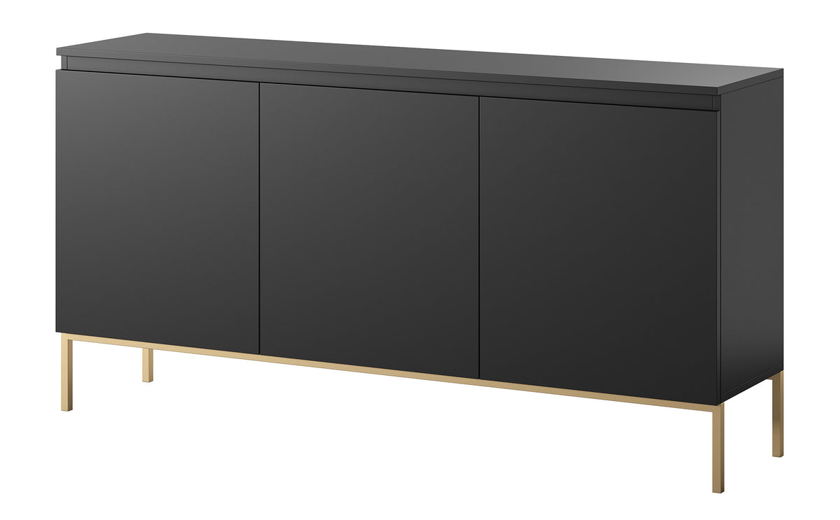 Commode trois portes Bemmi 150 cm noire avec pieds dorés