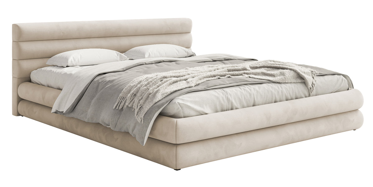 Lit tapissé 140x200 cm Alegre avec coffre de rangement pour linge de lit, velours hydrofuge beige clair, facile à nettoyer, cadre métallique