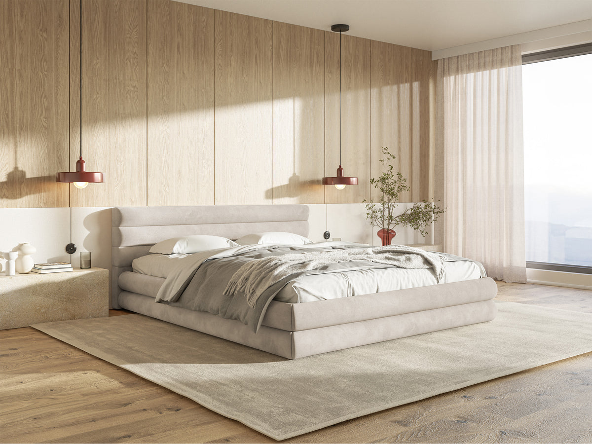 Lit tapissé 140x200 cm Alegre avec coffre de rangement pour linge de lit, velours hydrofuge beige clair, facile à nettoyer, cadre métallique