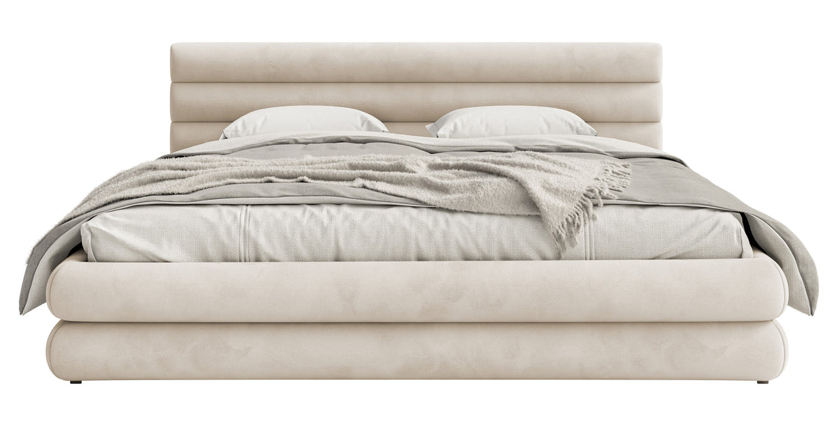 Lit tapissé 140x200 cm Alegre avec coffre de rangement pour linge de lit, velours hydrofuge beige clair, facile à nettoyer, cadre métallique