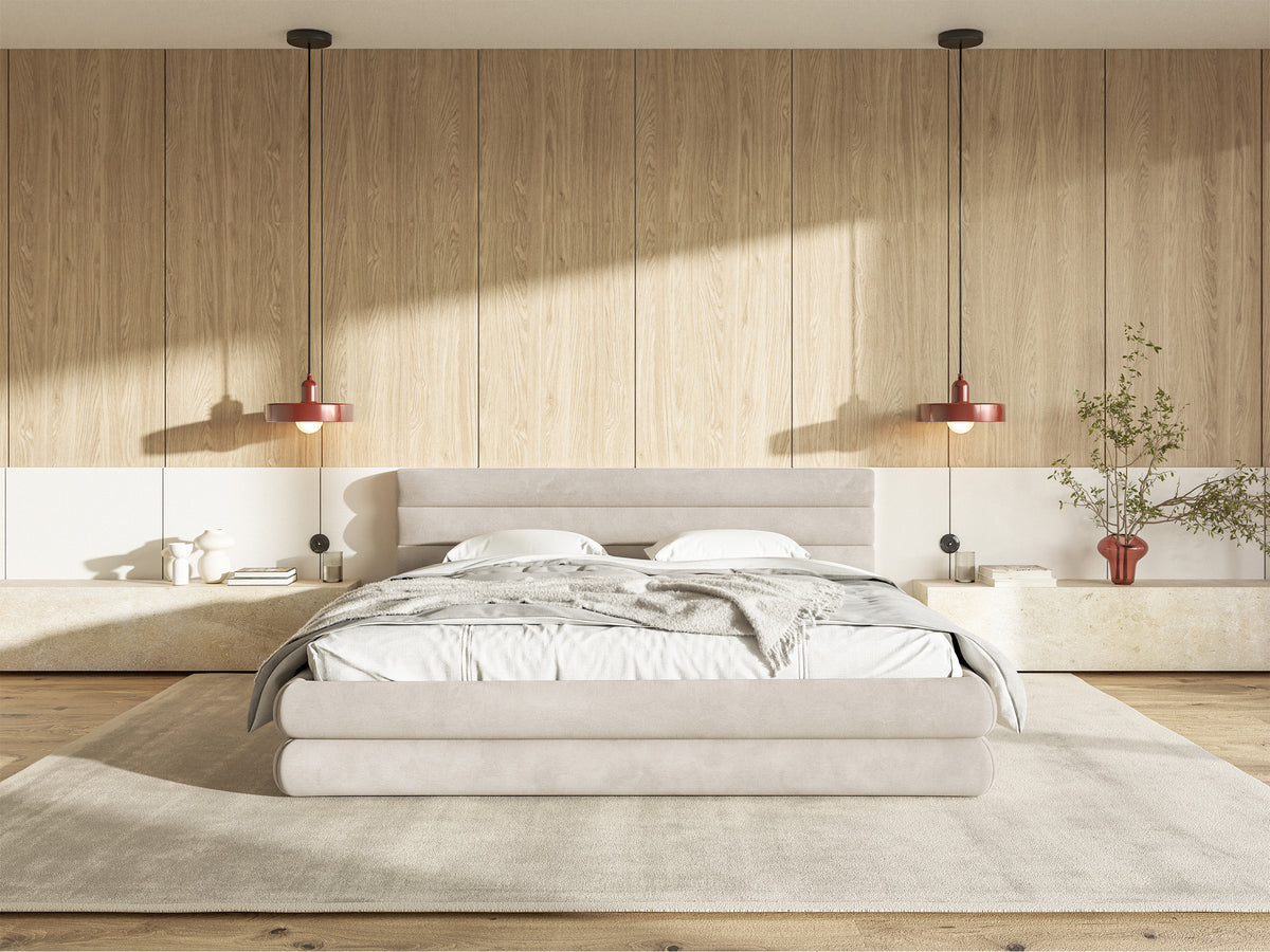 Lit tapissé 140x200 cm Alegre avec coffre de rangement pour linge de lit, velours hydrofuge beige clair, facile à nettoyer, cadre métallique