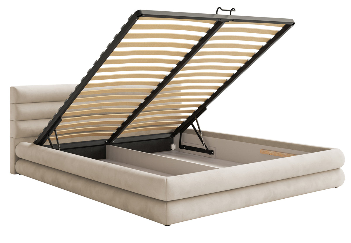 Lit tapissé 140x200 cm Alegre avec coffre de rangement pour linge de lit, velours hydrofuge beige clair, facile à nettoyer, cadre métallique