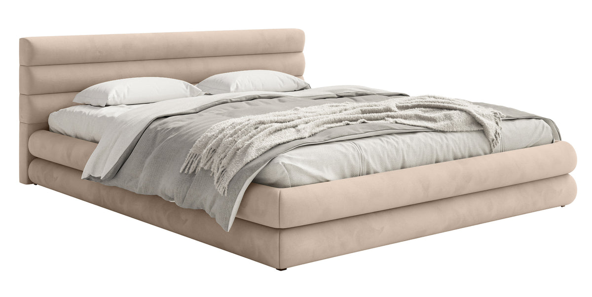 Lit tapissé 160x200 cm Alegre avec coffre de rangement beige velours hydrofuge facile à nettoyer cadre métallique