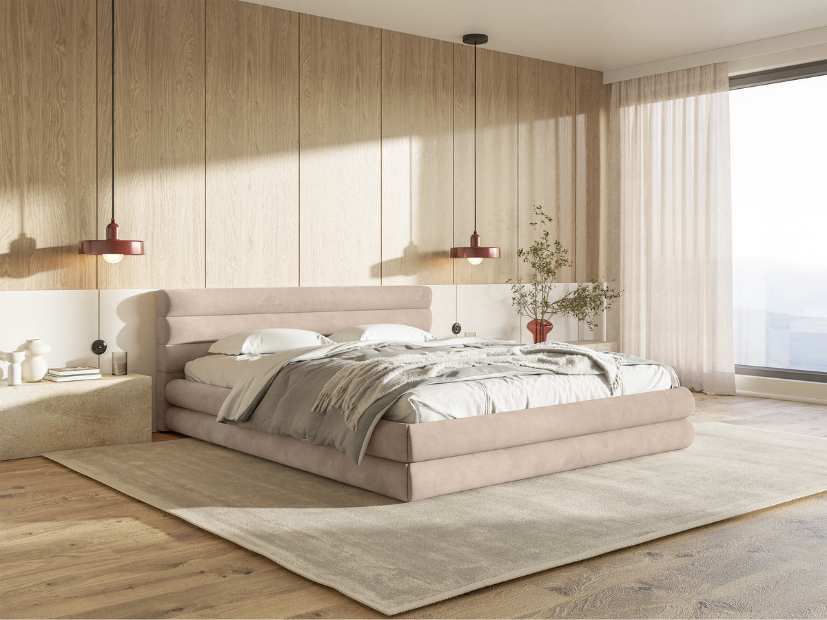 Lit tapissé 160x200 cm Alegre avec coffre de rangement beige velours hydrofuge facile à nettoyer cadre métallique