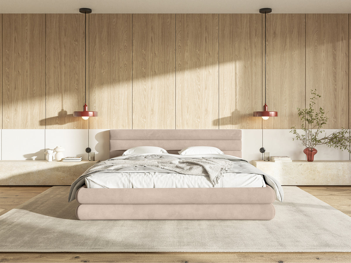 Lit tapissé 180x200 cm Alegre avec coffre de rangement beige velours hydrofuge facile à nettoyer cadre métallique