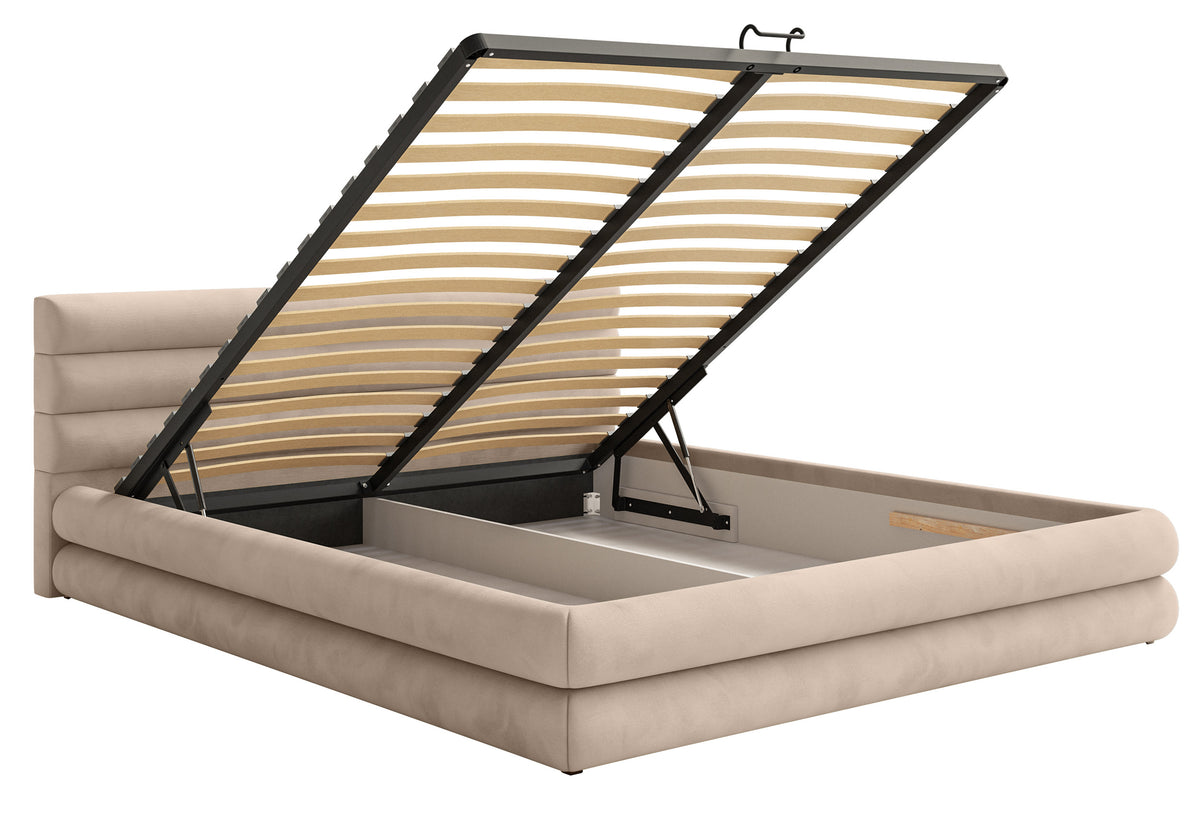 Lit tapissé 180x200 cm Alegre avec coffre de rangement beige velours hydrofuge facile à nettoyer cadre métallique
