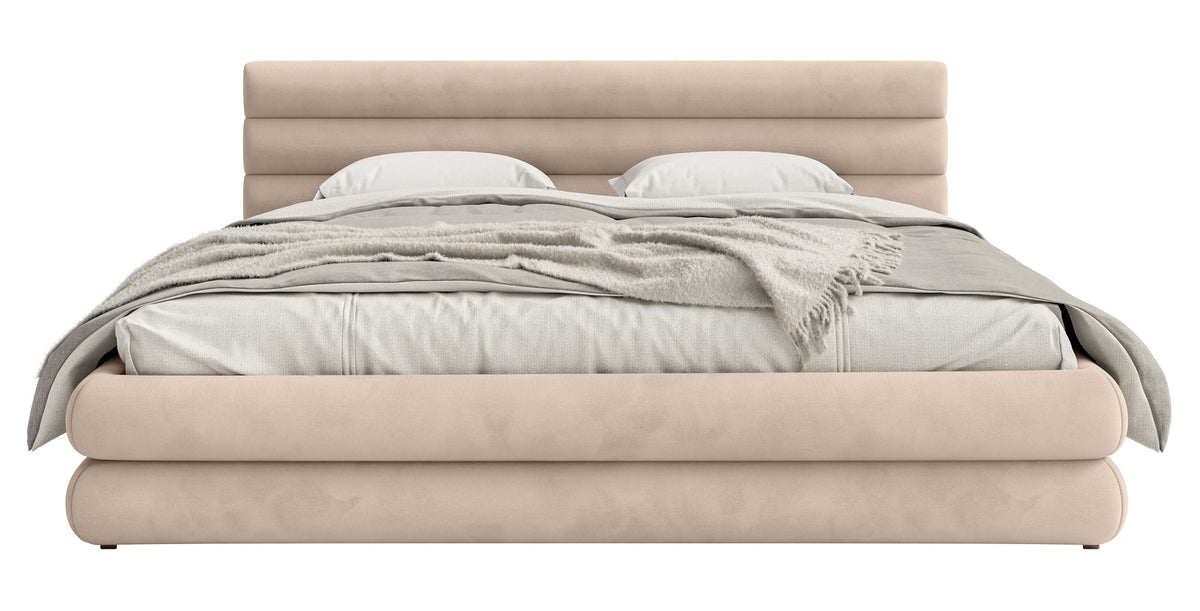 Lit tapissé 180x200 cm Alegre avec coffre de rangement beige velours hydrofuge facile à nettoyer cadre métallique