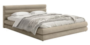 Lit tapissé 180x200 cm Alegre avec coffre de rangement, velours hydrofuge gris-beige, facile à nettoyer, cadre métallique