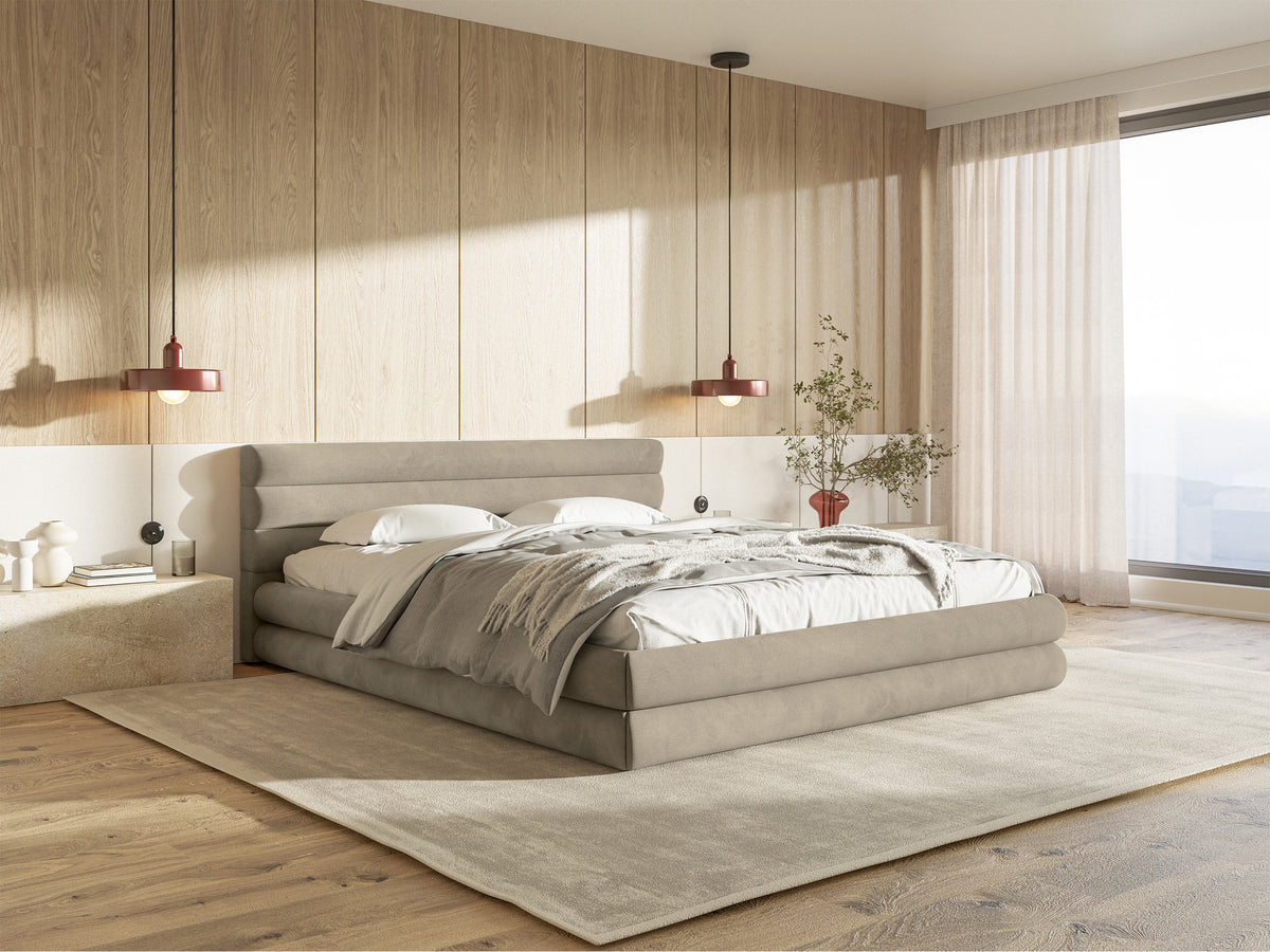 Lit tapissé 180x200 cm Alegre avec coffre de rangement, velours hydrofuge gris-beige, facile à nettoyer, cadre métallique