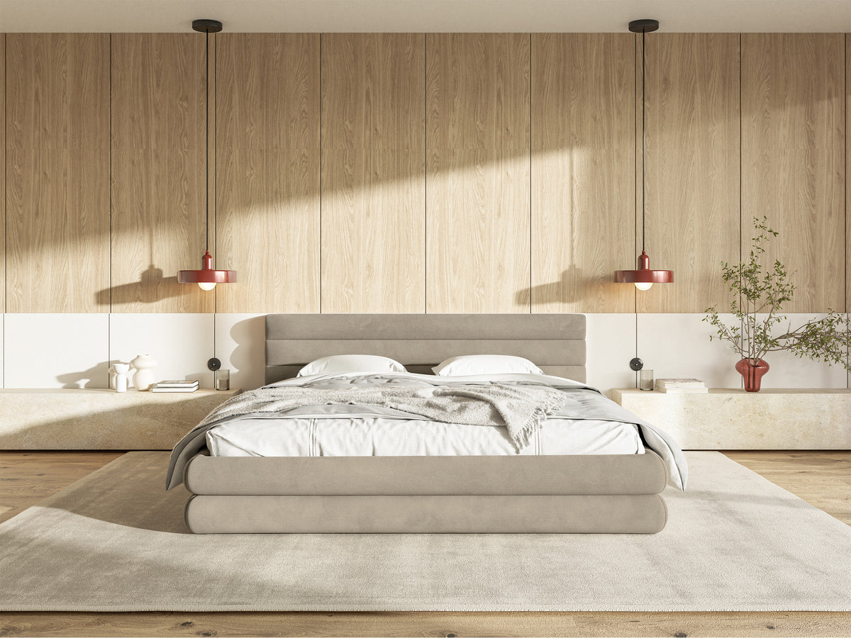 Lit tapissé 180x200 cm Alegre avec coffre de rangement, velours hydrofuge gris-beige, facile à nettoyer, cadre métallique