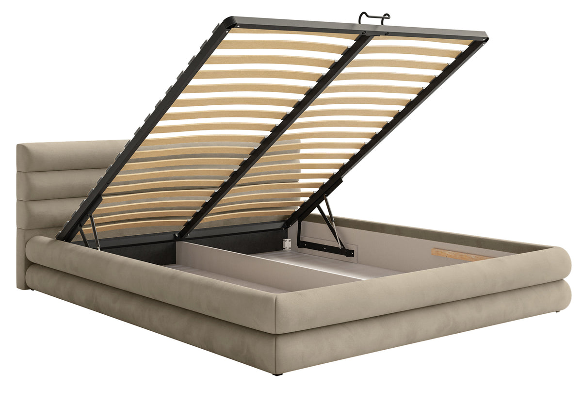 Lit tapissé 180x200 cm Alegre avec coffre de rangement, velours hydrofuge gris-beige, facile à nettoyer, cadre métallique
