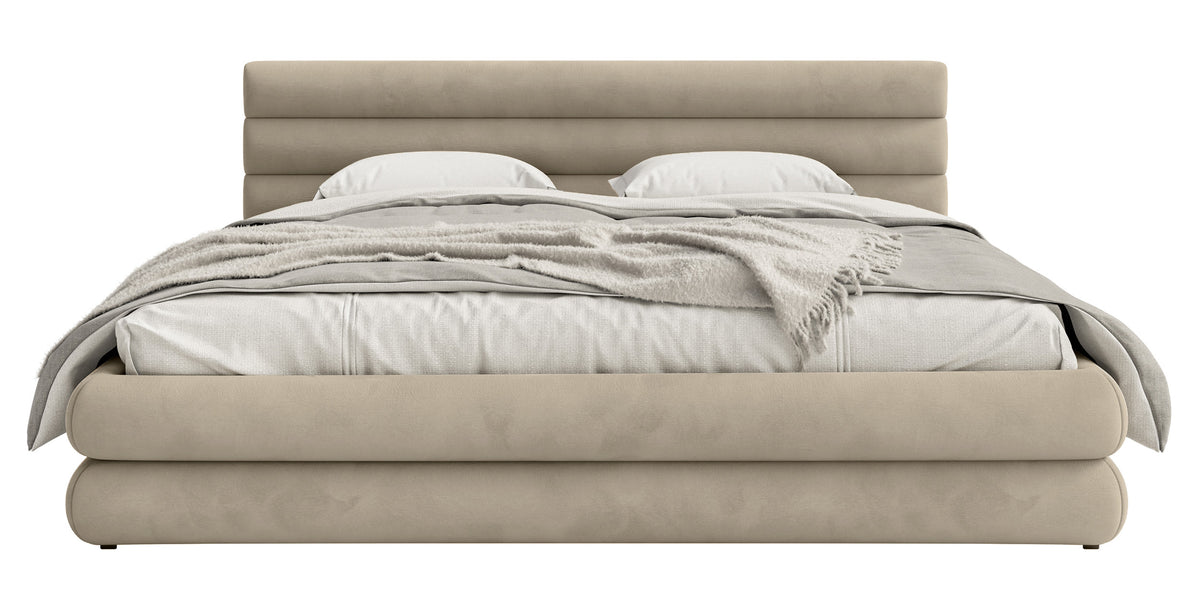 Lit tapissé 180x200 cm Alegre avec coffre de rangement, velours hydrofuge gris-beige, facile à nettoyer, cadre métallique