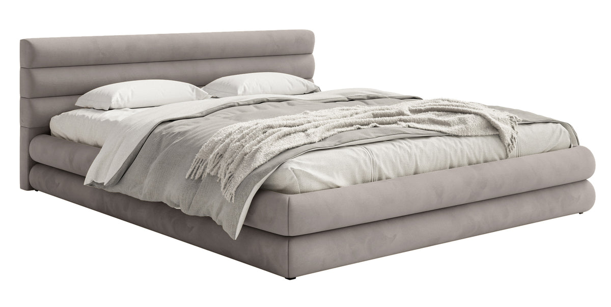 Lit tapissé 140x200 cm Alegre avec coffre de rangement pour linge de lit, velours hydrofuge gris clair, facile à nettoyer, cadre métallique