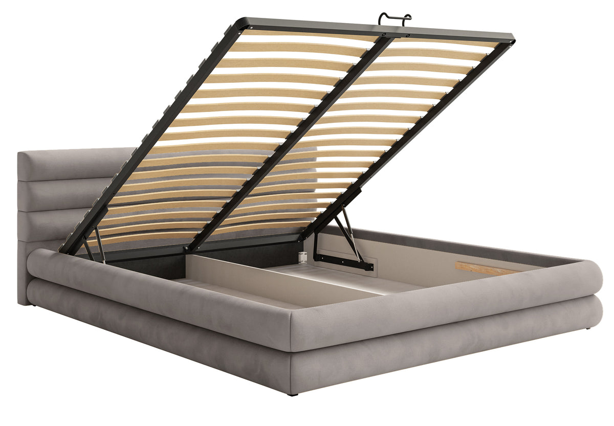 Lit tapissé 140x200 cm Alegre avec coffre de rangement pour linge de lit, velours hydrofuge gris clair, facile à nettoyer, cadre métallique