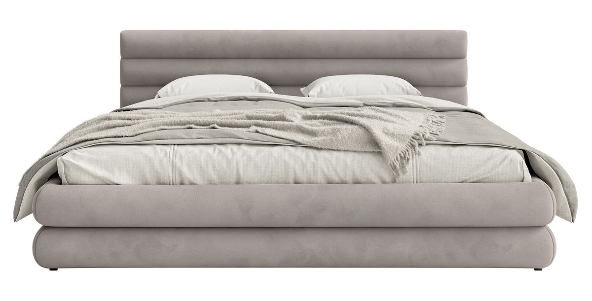 Lit tapissé 140x200 cm Alegre avec coffre de rangement pour linge de lit, velours hydrofuge gris clair, facile à nettoyer, cadre métallique