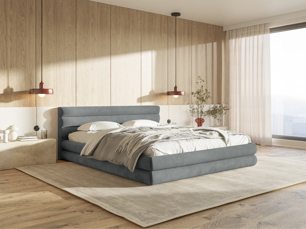 Lit tapissé 180x200 cm Alegre avec coffre de rangement pour la literie, velours hydrofuge gris facile à nettoyer, cadre métallique