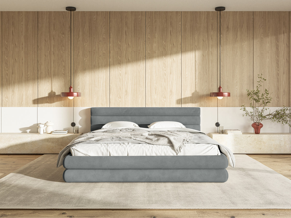 Gepolstertes Bett 180x200 cm Alegre mit Bettkasten, grauer Veloursstoff, wasserabweisend, leicht zu reinigen, Metallrahmen