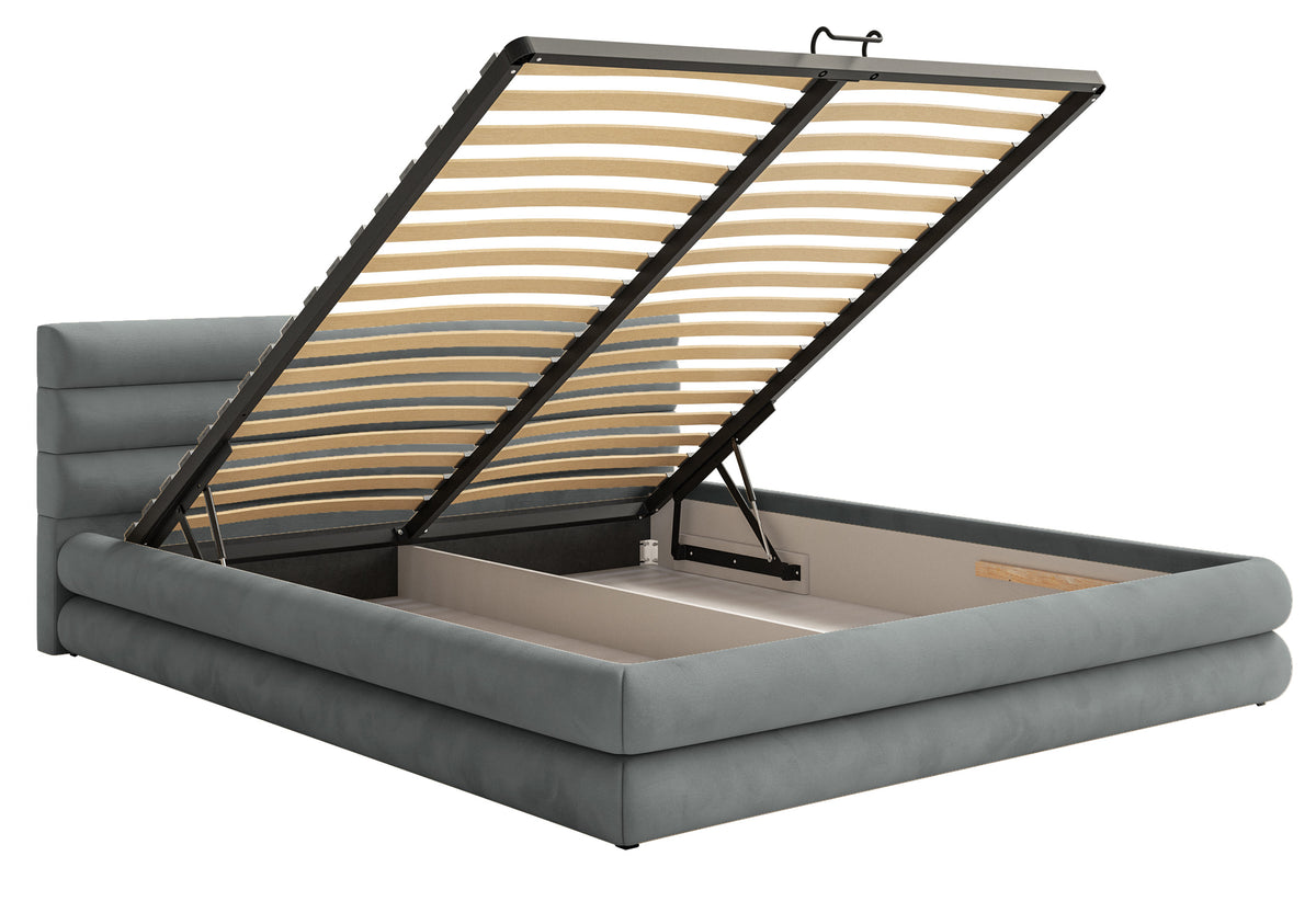 Gepolstertes Bett 180x200 cm Alegre mit Bettkasten, grauer Veloursstoff, wasserabweisend, leicht zu reinigen, Metallrahmen