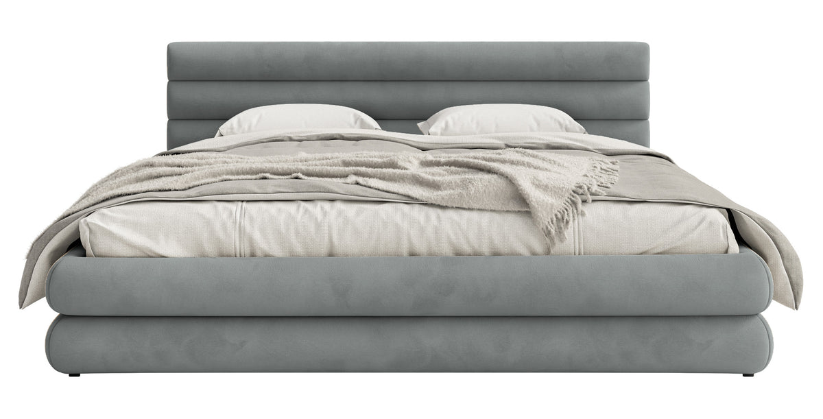Gepolstertes Bett 180x200 cm Alegre mit Bettkasten, grauer Veloursstoff, wasserabweisend, leicht zu reinigen, Metallrahmen