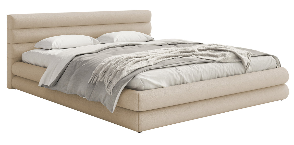 Polsterbett 140x200 cm Alegre mit Bettkasten, hellbeiger Chenille-Stoff, Metallrahmen
