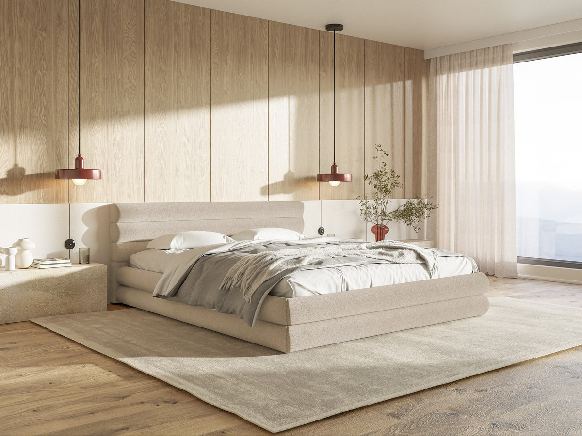 Polsterbett 140x200 cm Alegre mit Bettkasten, hellbeiger Chenille-Stoff, Metallrahmen