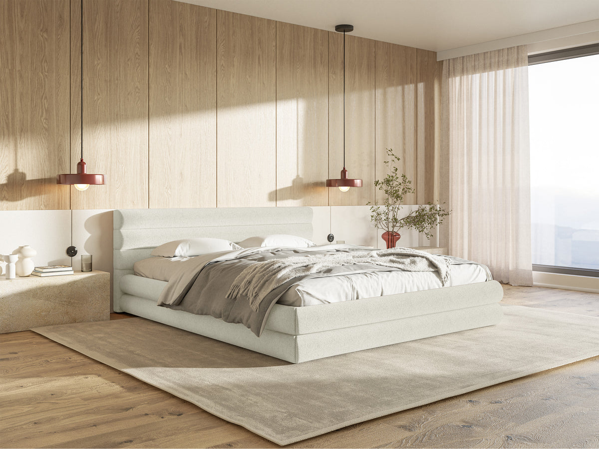 Polsterbett 140x200 cm Alegre mit Bettkasten, cremefarbener Chenille-Bezug, Metallrahmen