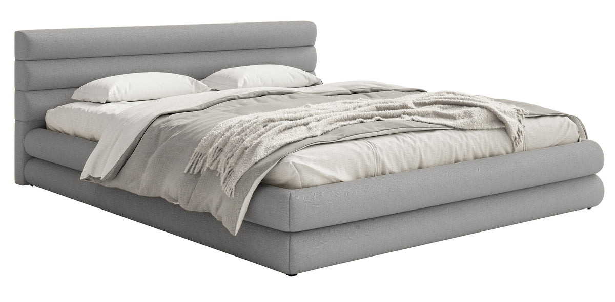 Lit tapissé 140x200 cm Alegre avec coffre de rangement pour linge de lit, tissu chenille gris clair, cadre métallique
