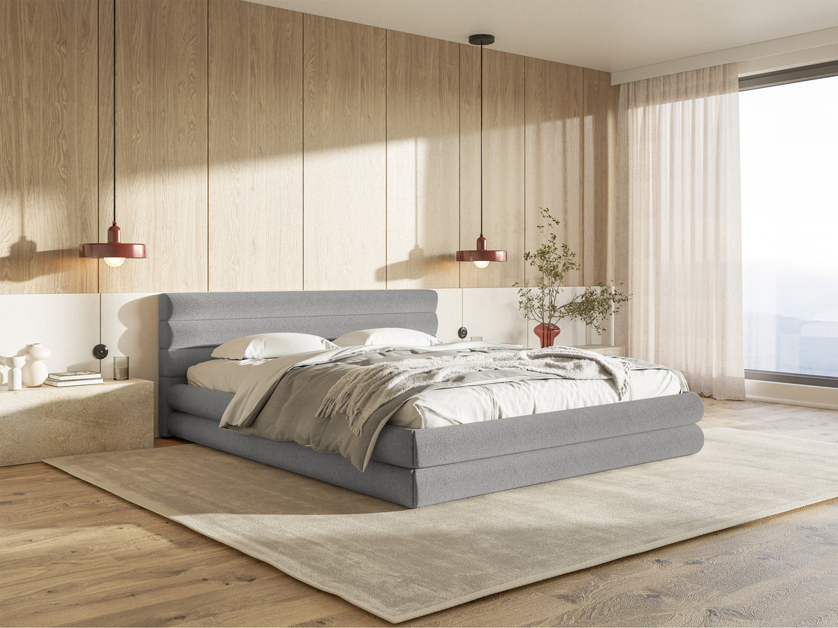 Lit tapissé 140x200 cm Alegre avec coffre de rangement pour linge de lit, tissu chenille gris clair, cadre métallique