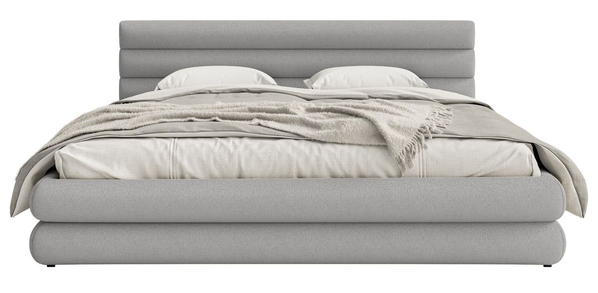 Lit tapissé 140x200 cm Alegre avec coffre de rangement pour linge de lit, tissu chenille gris clair, cadre métallique
