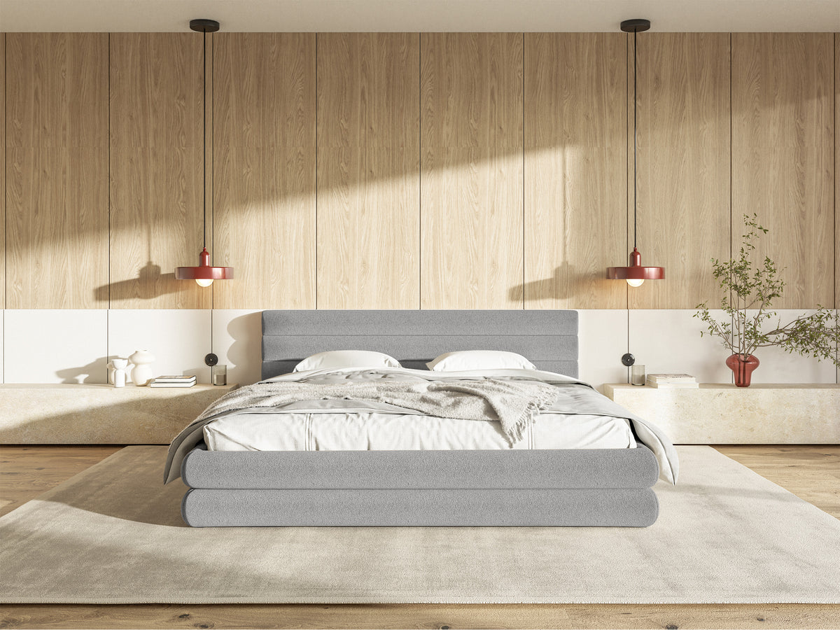 Lit tapissé 140x200 cm Alegre avec coffre de rangement pour linge de lit, tissu chenille gris clair, cadre métallique