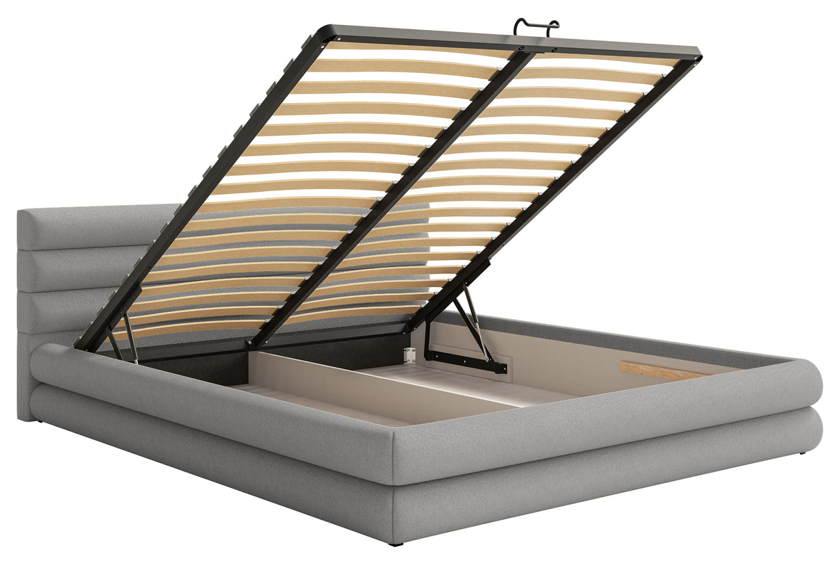 Lit tapissé 140x200 cm Alegre avec coffre de rangement pour linge de lit, tissu chenille gris clair, cadre métallique